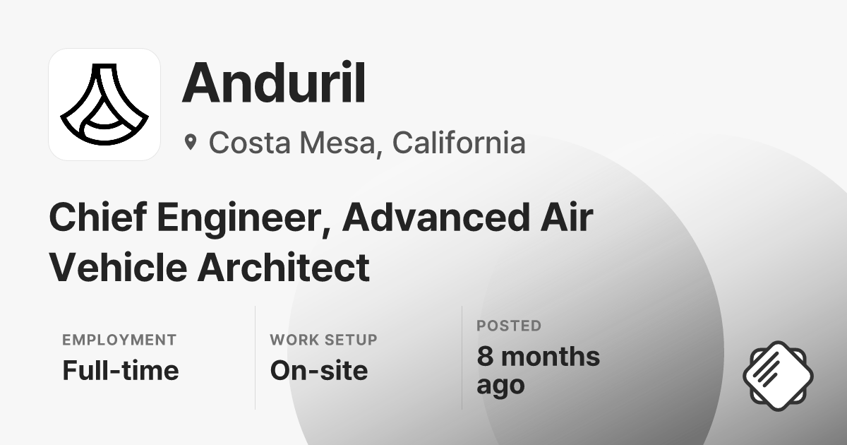 Chief Engineer, Advanced Science and Technology at Anduril ($254,000 ...