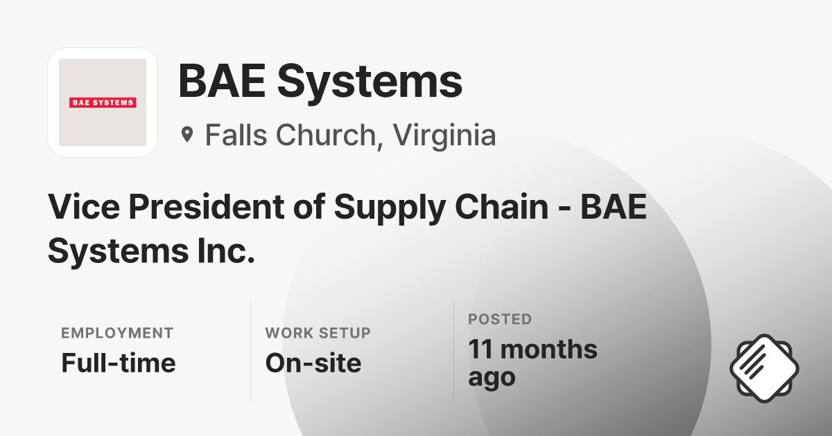 Vice President of Supply Chain - BAE Systems Inc. at BAE Systems ...