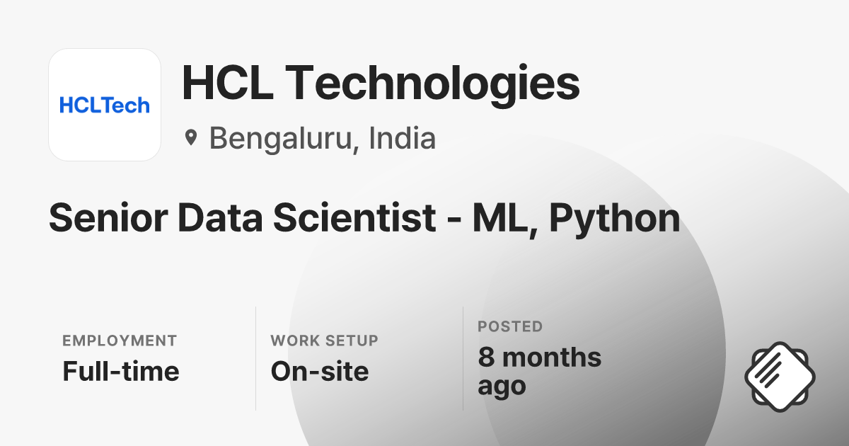 Senior Data Scientist - ML, Python at HCL Technologies — Salary ...