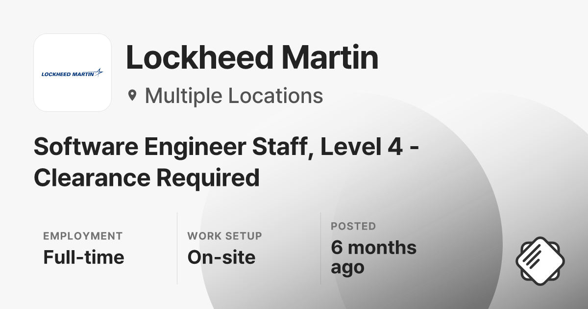 Software Engineer Staff, Level 4 - Clearance Required at Lockheed ...